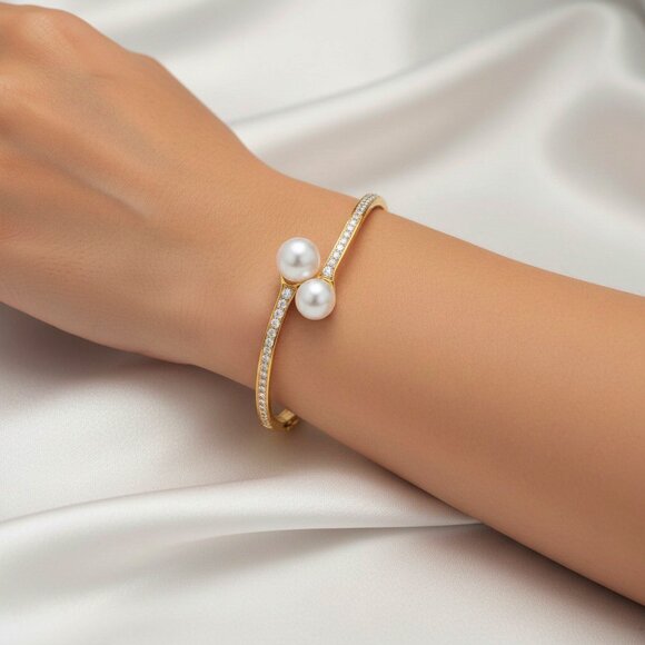 Double Pearl Diamond 14K (or 18K upon request) Yellow Gold Open Bangle Bracelet - Picture 3 of 5